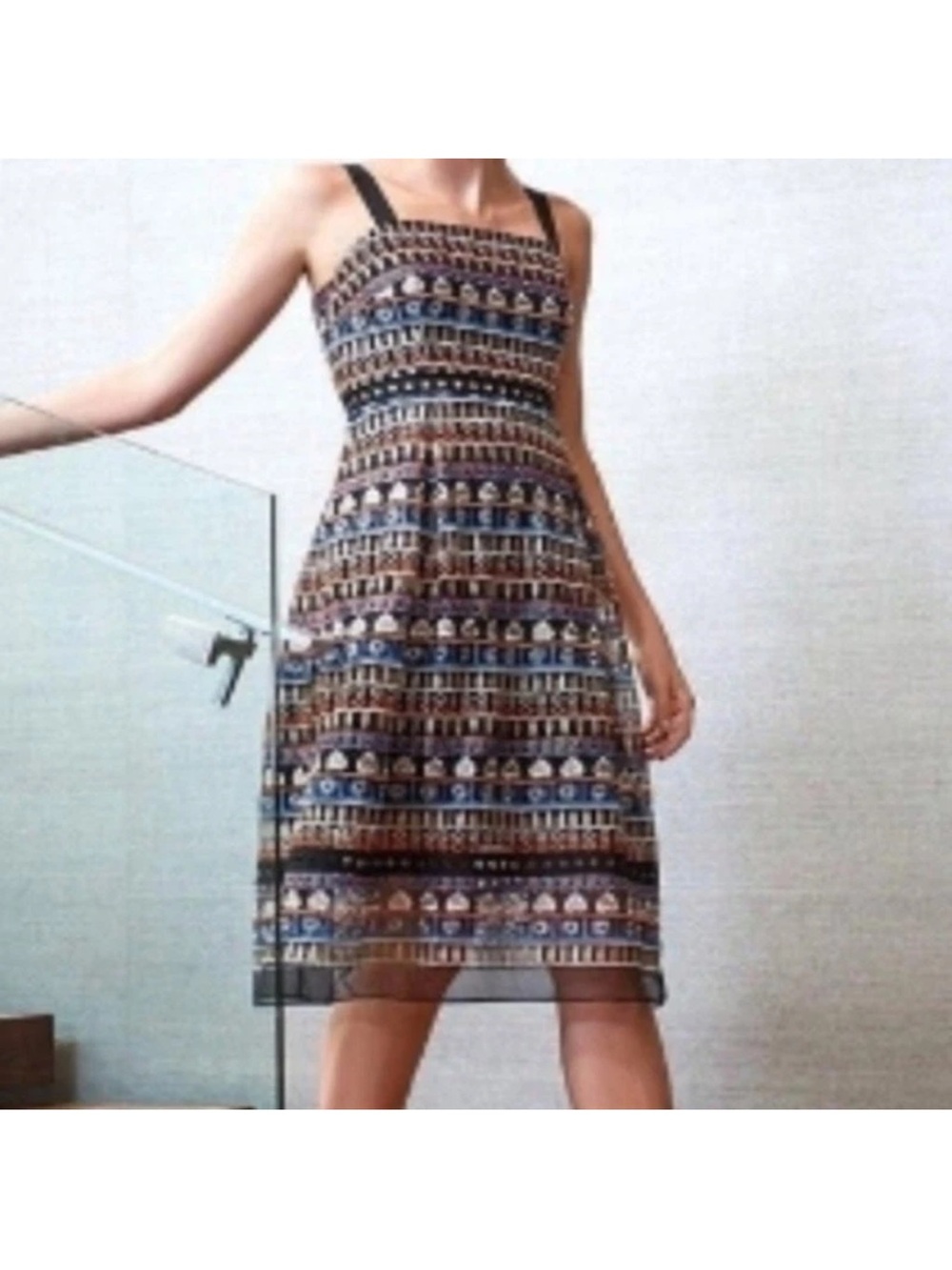 ANTONIO MELANI Blue and Black Embroidered Patterned Sleeveless Midi Dress